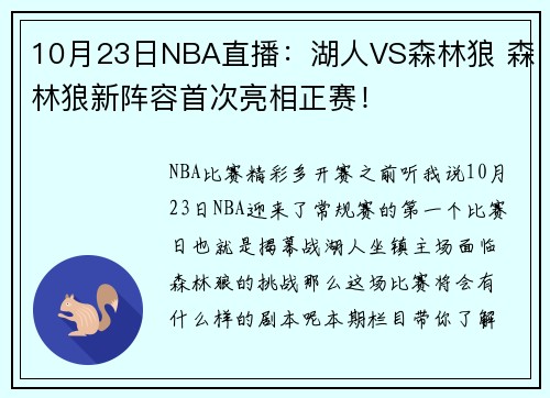 10月23日NBA直播：湖人VS森林狼 森林狼新阵容首次亮相正赛！