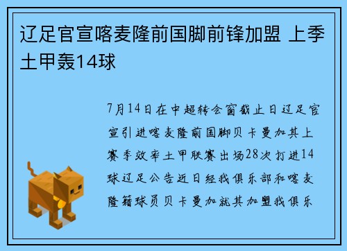辽足官宣喀麦隆前国脚前锋加盟 上季土甲轰14球